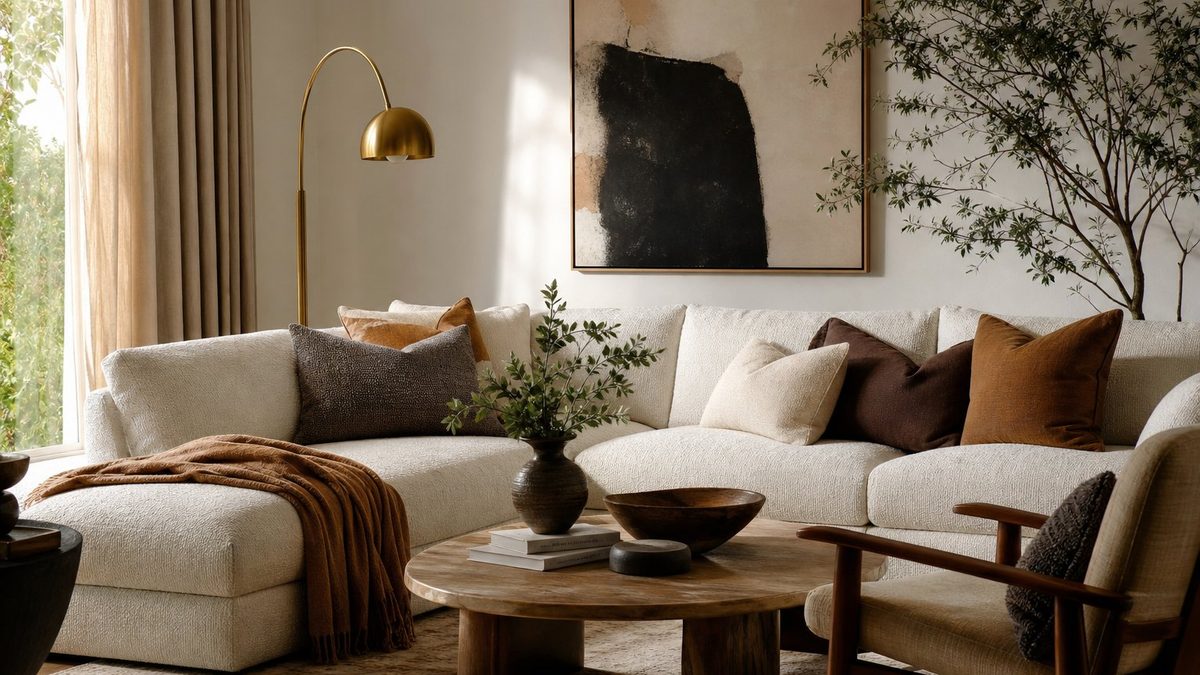 A styled living room with layered textiles, artwork and warm daylight
