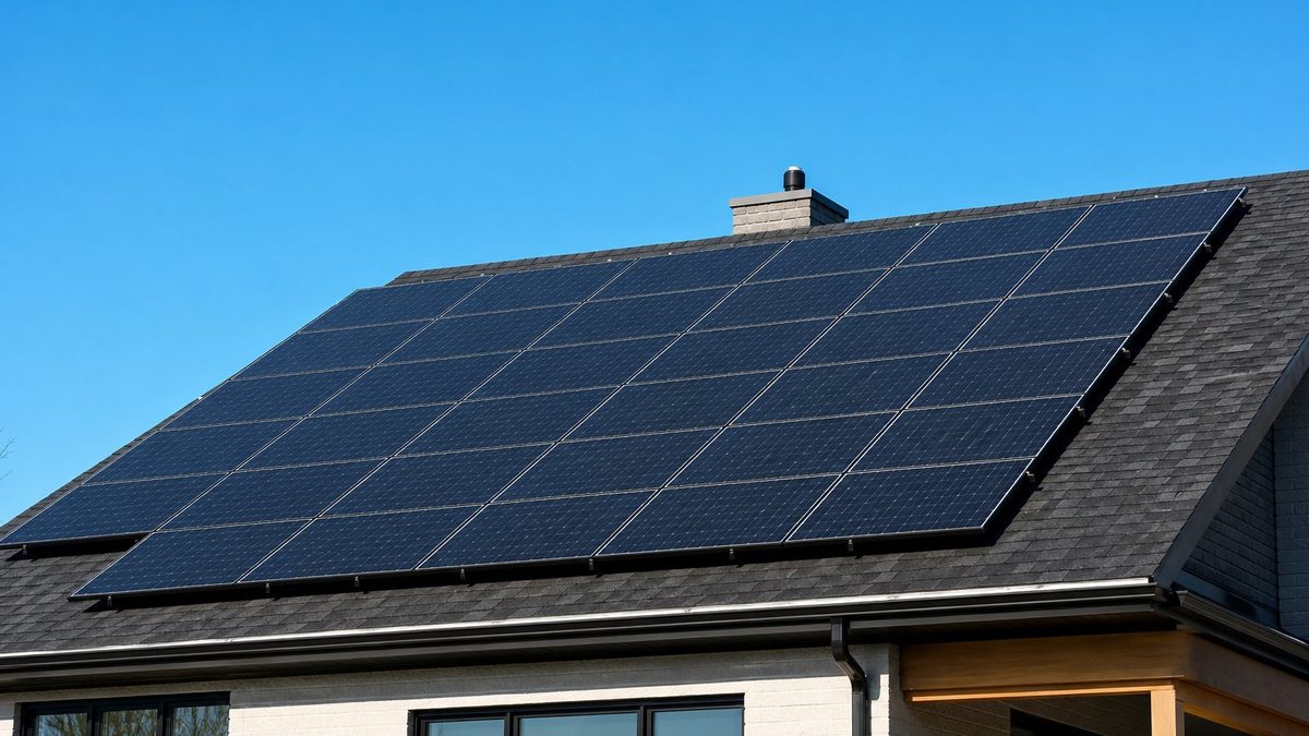 Rooftop solar panels on a suburban home under bright sunlight